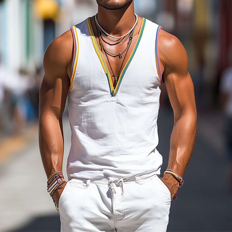 Men's Fashion Casual Deep V-Neck Colorful Ribbon Cotton And Linen Tank Top