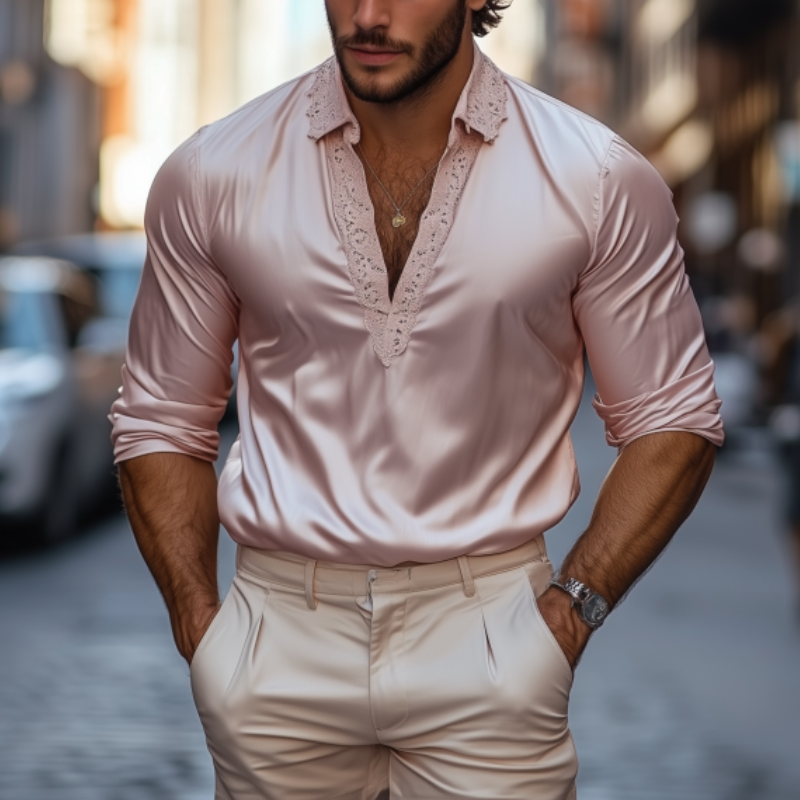Herrenmode Lässiges Slim Fit Langarmhemd mit Spitze und Satin-Spleißen und tiefem V-Ausschnitt