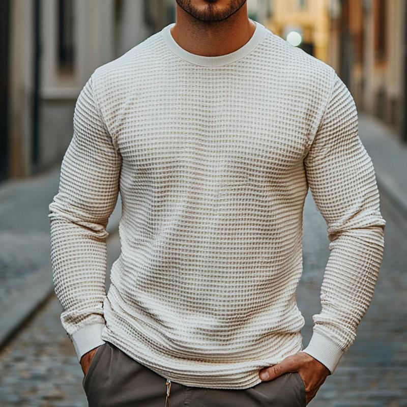 Camiseta retro informal de manga larga con cuello redondo y estampado de gofres en color liso para hombre