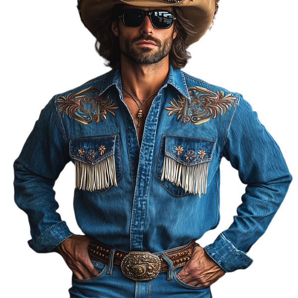 Camisa vaquera estilo western con borlas bordadas en azul oscuro vintage para hombre
