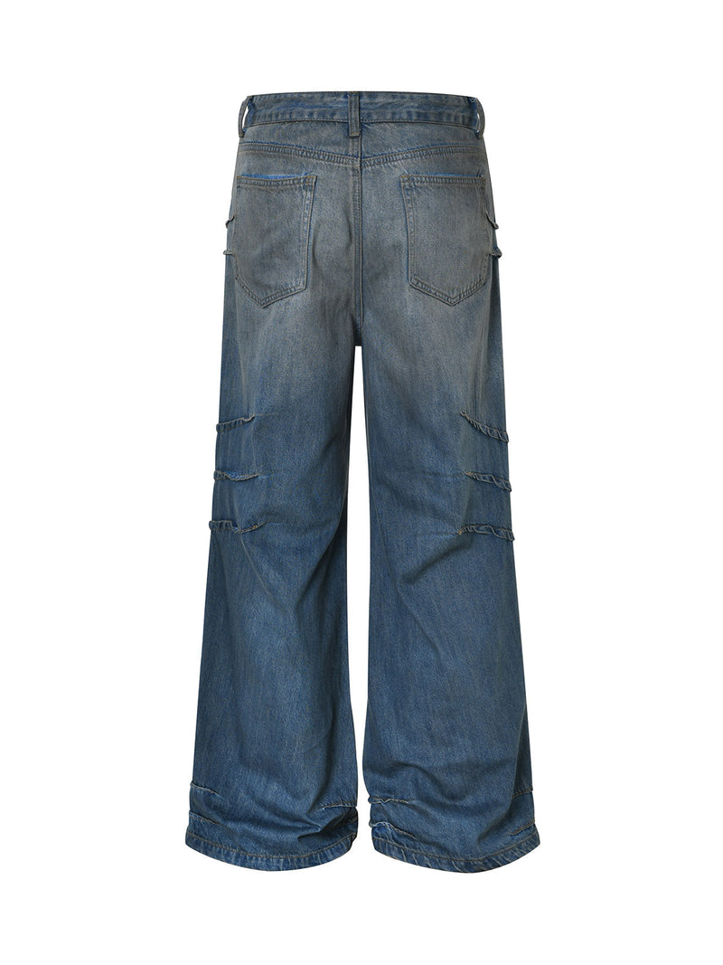 Washed Pleated Straight Jeans