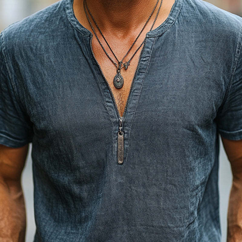 Men's Dark Blue Distressed Half-Zip Casual T-Shirt