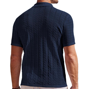 Cárdigan informal de manga corta ajustado de punto jacquard con solapa hueca para hombre