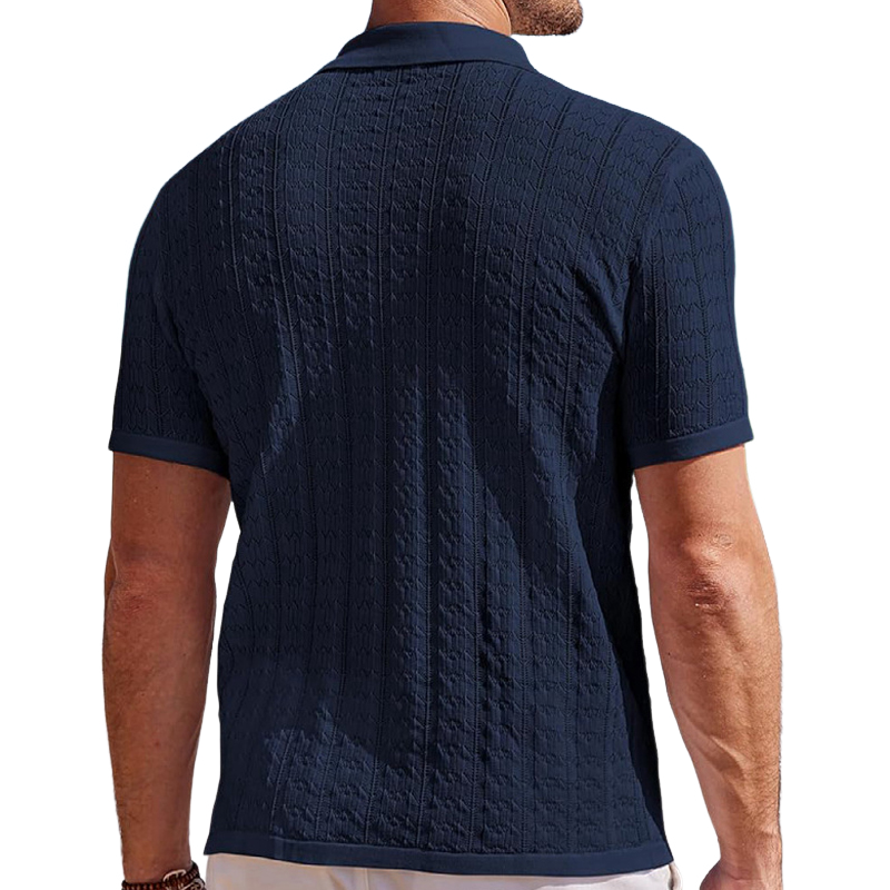 Men's Casual Lapel Hollow Jacquard Knitted Slim Fit Short Sleeve Cardigan