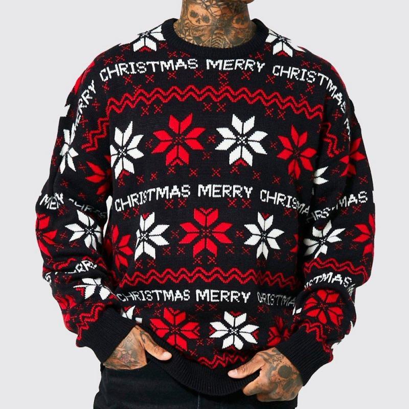 Suéter informal navideño de punto con cuello redondo y jacquard para hombre