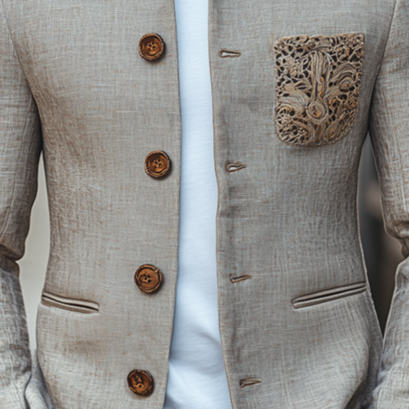 Men's Classic Retro Stand Collar Pocket Embroidery Thin Cotton And Linen Jacket MTA2435C3K