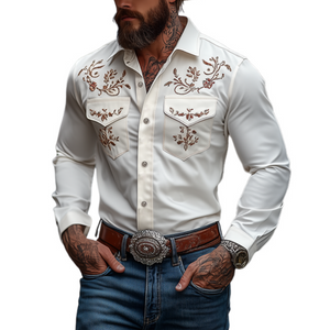Klassisches, besticktes Slim Fit-Langarmhemd aus Baumwolle für Herren im amerikanischen Westernstil