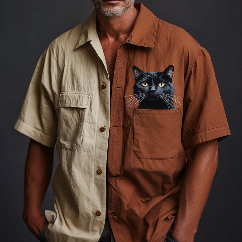 Camisa de manga corta con contraste y estampado retro de gato para hombre