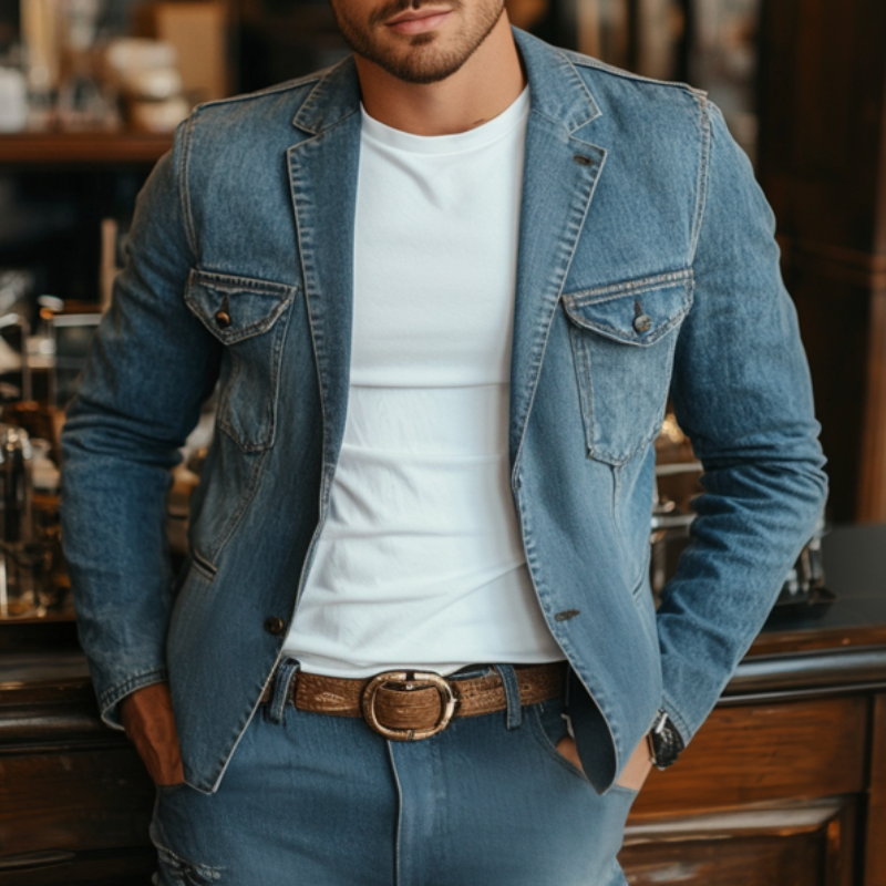 Herren-Blazer im Retro-Stil mit fallendem Revers, einreihig, mehrere Taschen, Slim Fit