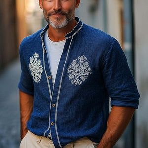 Camisa informal de manga larga para hombre, de algodón y lino azul marino, con bordado vintage