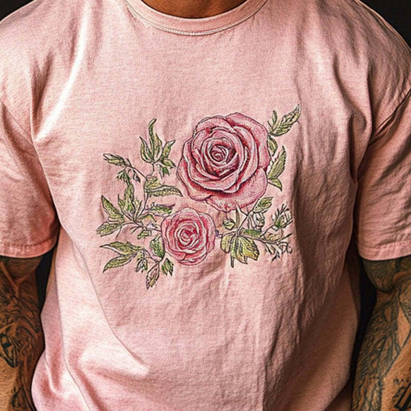Lässiges Herren-T-Shirt mit Rundhalsausschnitt und Rosendruck, kurzärmelig