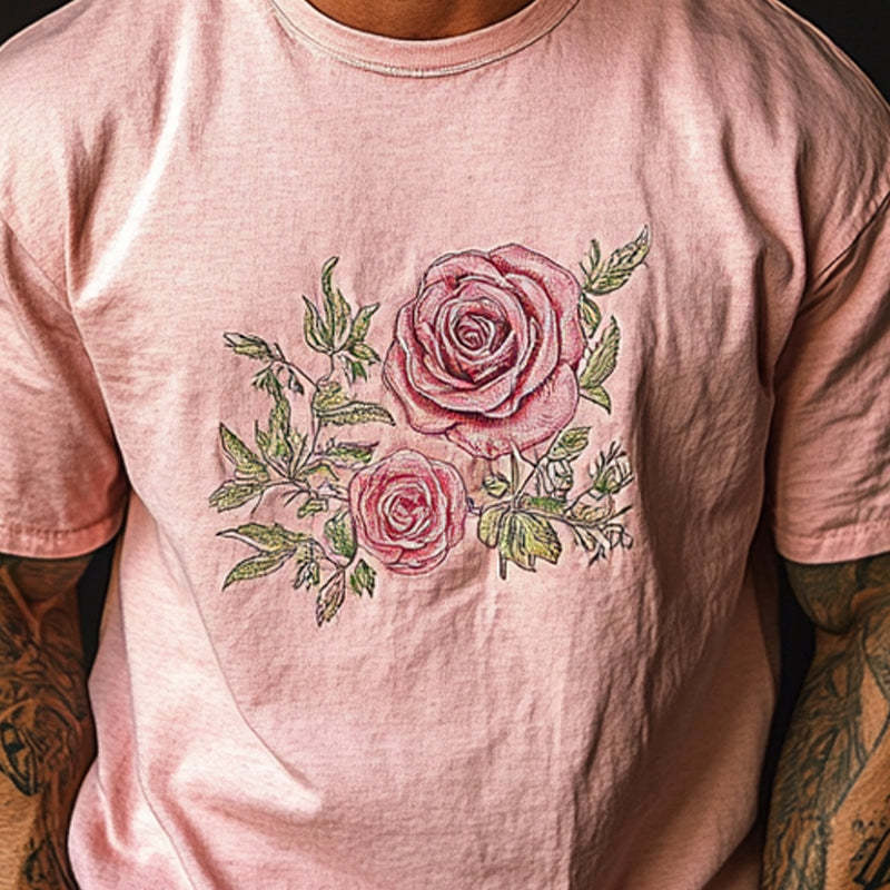 Lässiges Herren-T-Shirt mit Rundhalsausschnitt und Rosendruck, kurzärmelig