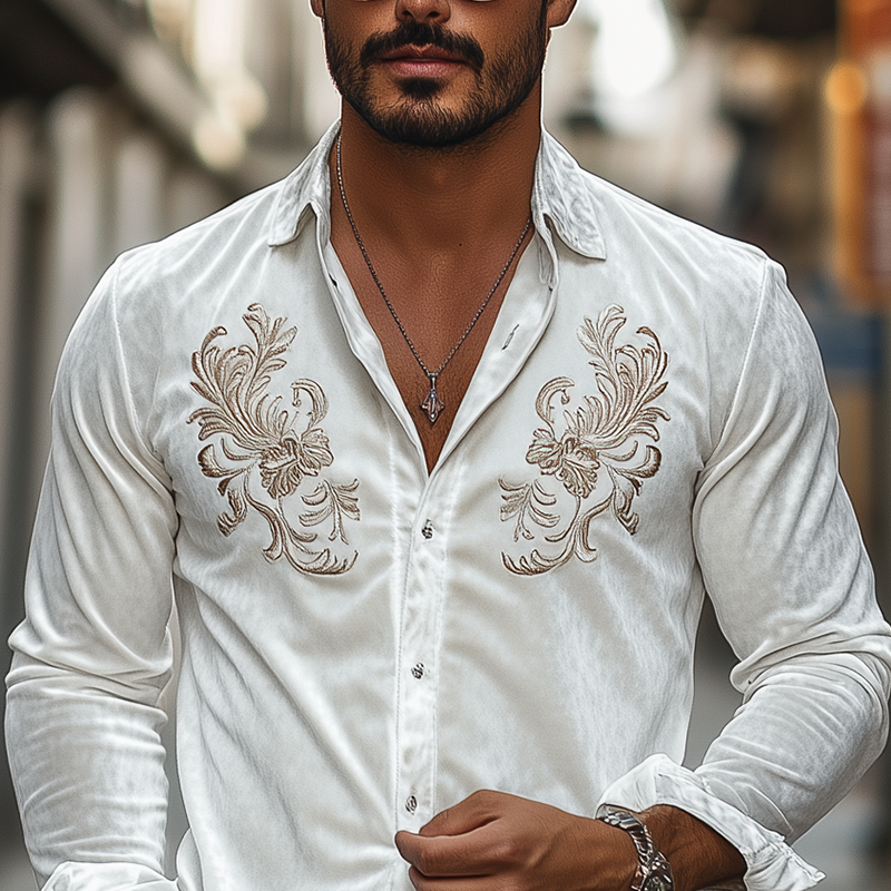 Camisa clásica vintage de terciopelo con bordado de manga larga para hombre