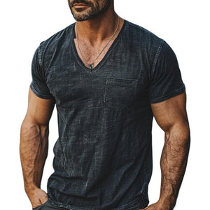 Camiseta informal de manga corta con cuello en V, resistente, lavada y desgastada para hombre