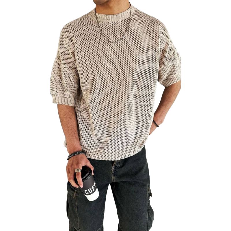 Lässiges Herren-T-Shirt mit Rundhalsausschnitt und lockerem Strickmuster und kurzen Ärmeln