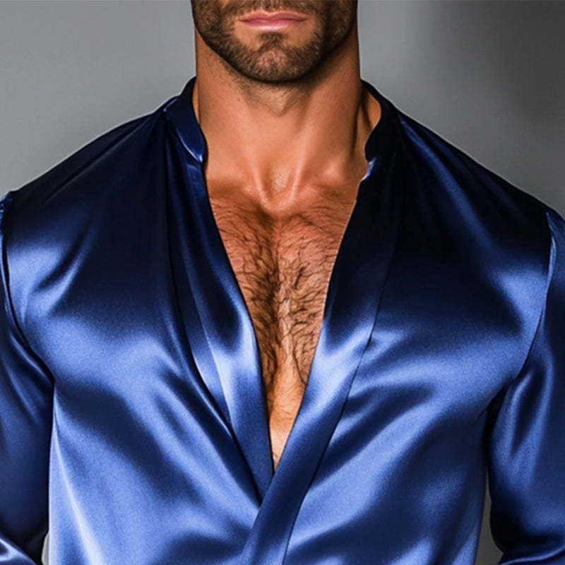 Camisa de manga larga con cuello alto, suelta y brillante para hombre