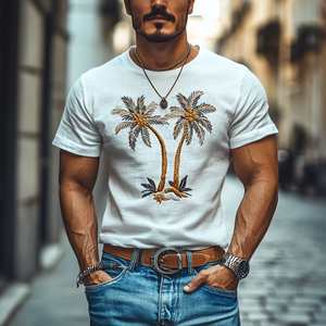 Camiseta informal de algodón con bordado de cocoteros para hombre, cuello redondo, manga corta y ajustada