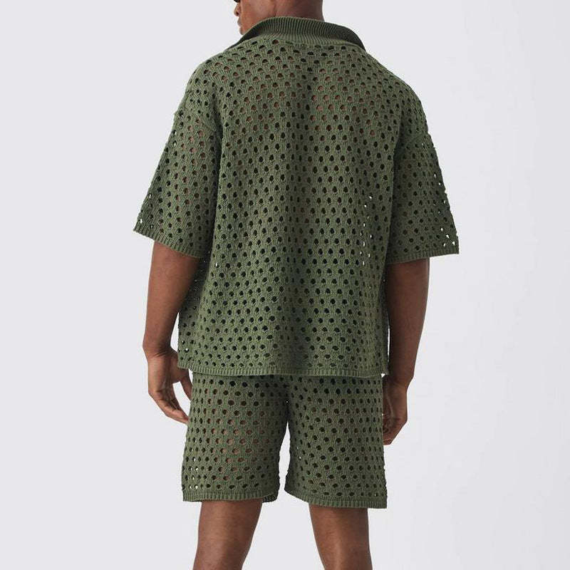 Zweiteiliges Set aus einfarbigen, gestrickten Kurzarmshorts für Herren