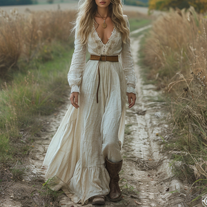 Vestido largo de lino estilo pastoral vintage con escote en V y manga larga para mujer