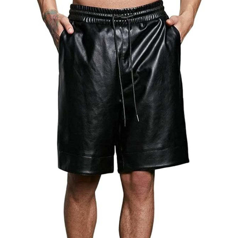 Men's Summer Basic Loose Pure Black PU Leather Shorts