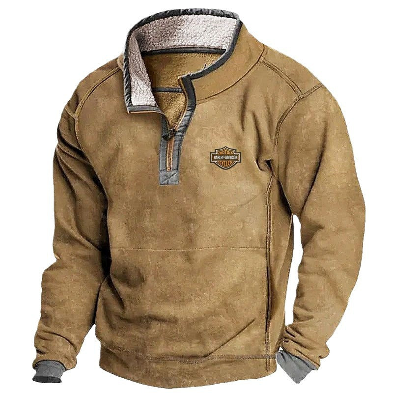 MEN'S CASUAL HOODIE WITH STANDING COLLAR, FRONT PLACKET, ZIPPER, AND FLEECE HOODIE