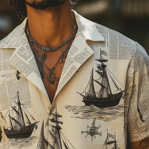 Men's Retro Casual Sailing Ship Print Lapel Short Sleeve Shirt