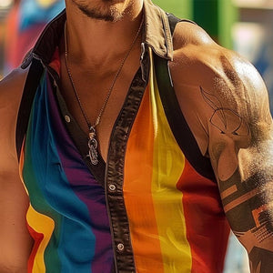 Men's Rainbow Striped Patchwork Lapel Sleeveless Slim Fit Shirt