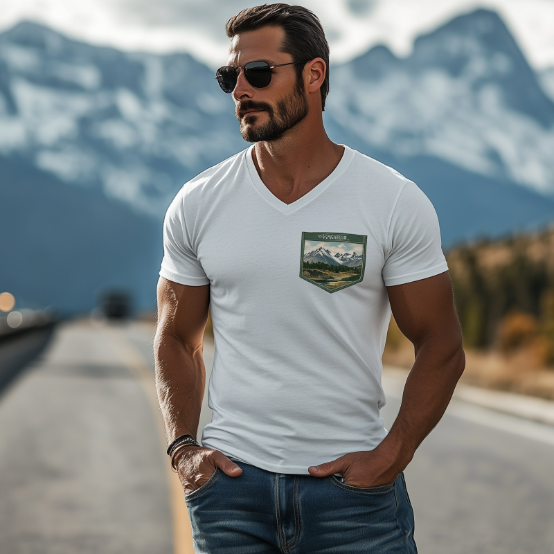 Camiseta informal de manga corta de algodón con cuello en V y bolsillo de la serie Yellowstone para hombre