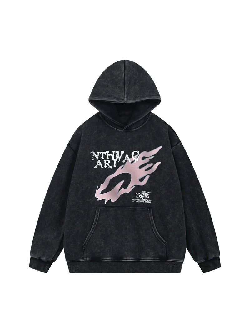 Washed Flame Printed Hooded Fleece Sweatshirt