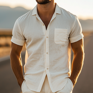 Herren Sommermode Casual Slim Fit Seide Baumwolle Kurzarmhemd Tasche Shorts Set