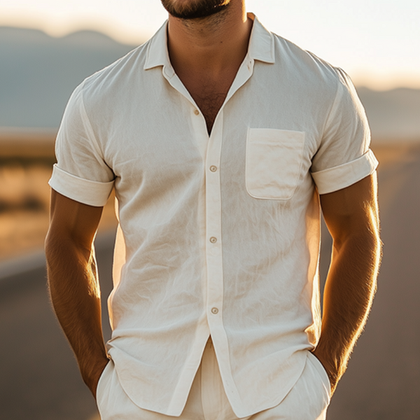 Conjunto de camisa de manga corta de algodón de seda con bolsillo y pantalones cortos de verano para hombre