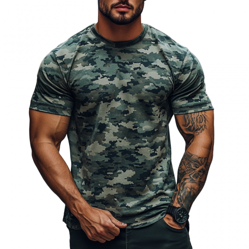 Camiseta informal de algodón con cuello redondo y manga corta para hombre, estilo camuflaje para exteriores