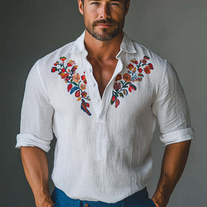 Camiseta informal de manga larga con cuello polo bordado de algodón y lino para hombre 