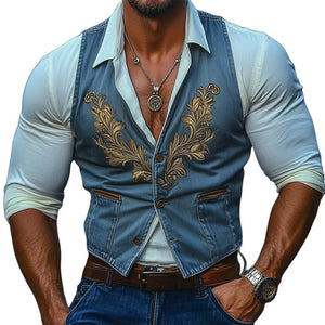 Men's Vintage Three-Button Denim Embroidered Vest