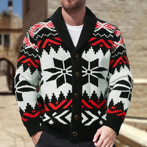Cárdigan de punto con solapa de jacquard navideño vintage para hombre, de botonadura sencilla