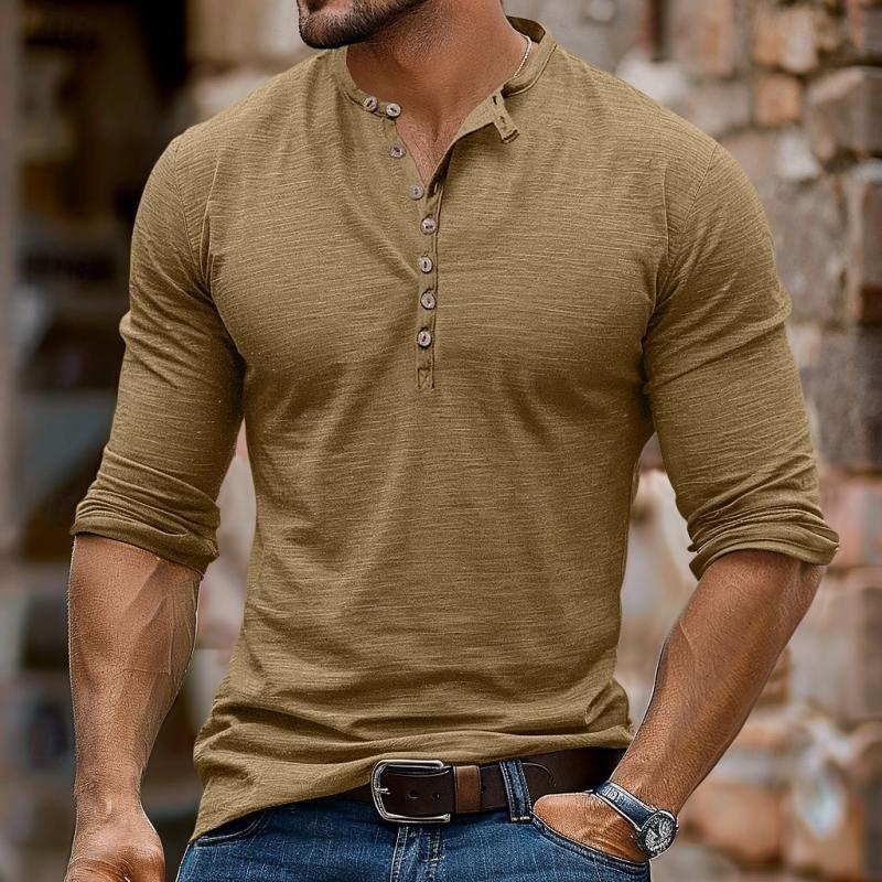 Camiseta informal de manga larga con cuello henley y múltiples botones para hombre