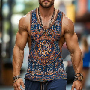 Men's Retro Casual Ethnic Style Geometric Print Round Neck Tank Top