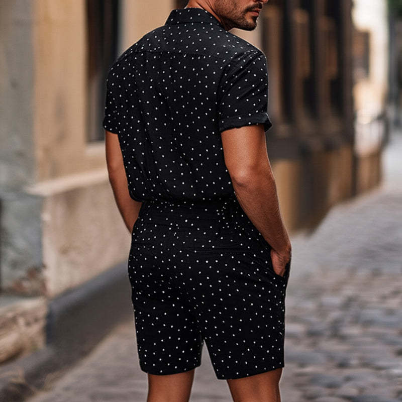 Men's Diamond Dot Lapel Knitted Casual Short Sleeve Shorts Set