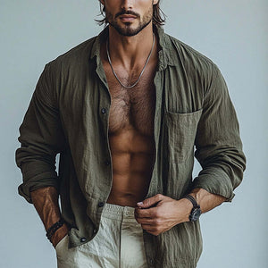 Camisa holgada de algodón con solapa lisa para hombre