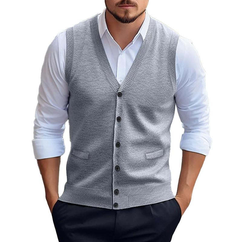 Chaleco tipo cárdigan informal de punto de color liso para hombre
