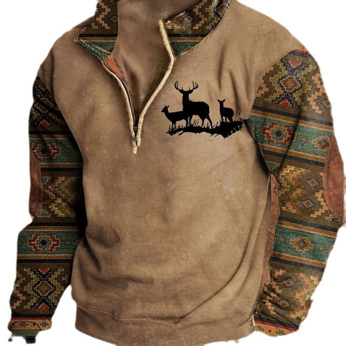 PRINTED STANDING COLLAR MEN'S TRENDY ZIPPERED POLO HOODIE