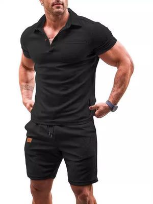 WAFFELANZUGHEMD MIT REVERS, LÄSSIGE EINFARBIGE KURZARMSHORTS