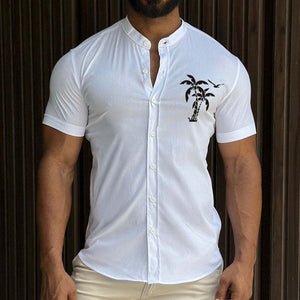 Men's Retro Casual Coconut Tree Print Stand Collar Short Sleeve Shirt
