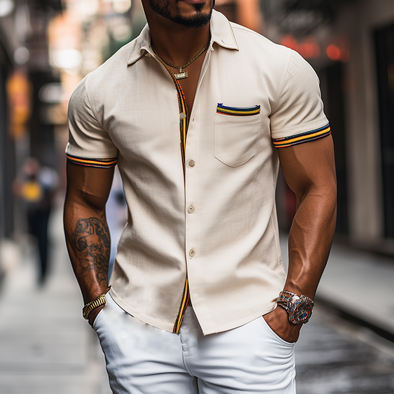 Men's Fashion Casual Slim Fit Colorful Ribbon Stitching Cotton And Linen Short Sleeve Shirt