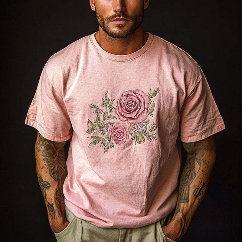 Lässiges Herren-T-Shirt mit Rundhalsausschnitt und Rosendruck, kurzärmelig