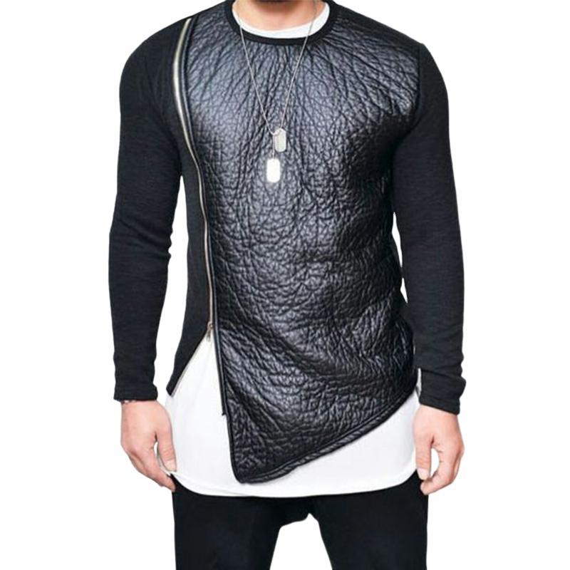 Camiseta de manga larga con cuello redondo y cremallera con costuras de cuero para hombre (camiseta interior no incluida)