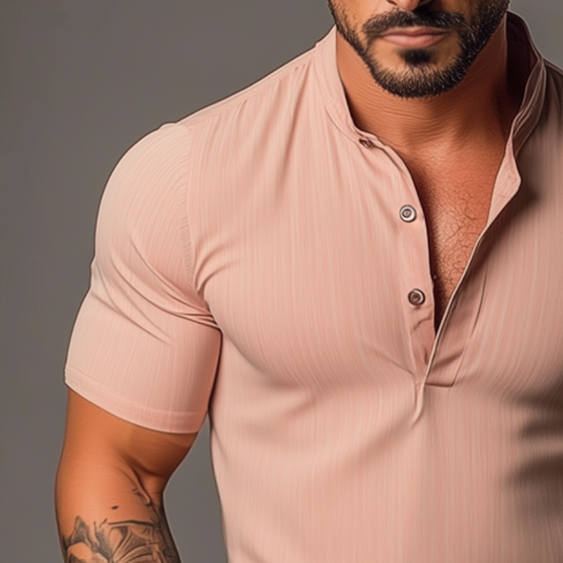 Camisa retro informal de manga corta con cuello alto y elástico para hombre