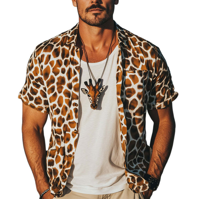 Herren Sommermode Giraffe Texture Print Lässiges Kurzarmhemd
