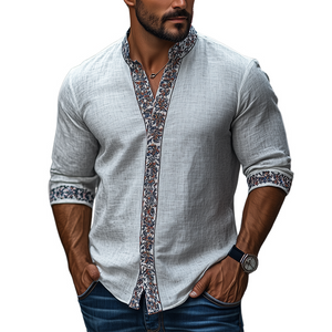 Men's Spring Classic Retro Ethnic Printed Stand Collar Long Sleeve Shirt