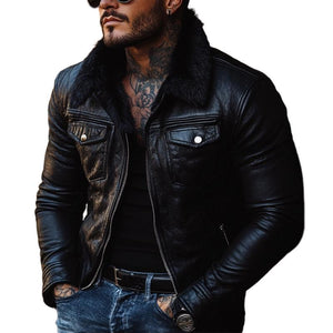 Chaqueta de cuero con cuello de piel vintage para hombre